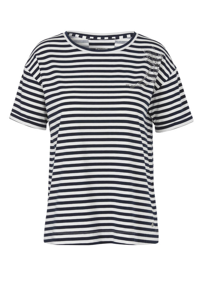 Softes T-Shirt mit Ringeln und Palmenmotiv aus Schmucksteinchen navy / offwhite Frontansicht