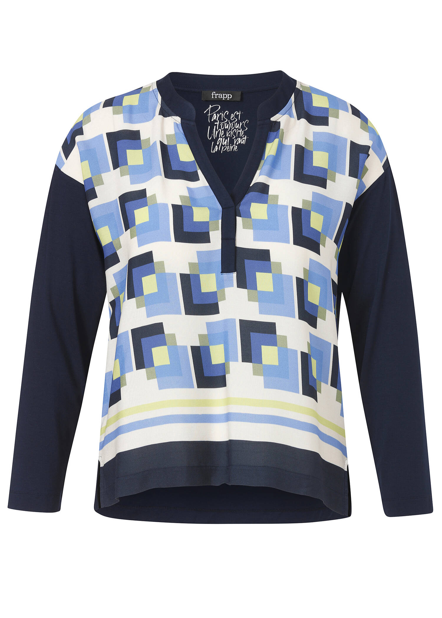 Fließendes Langarm- Shirt in Marineblau mit Blusen-Einsatz vorne /