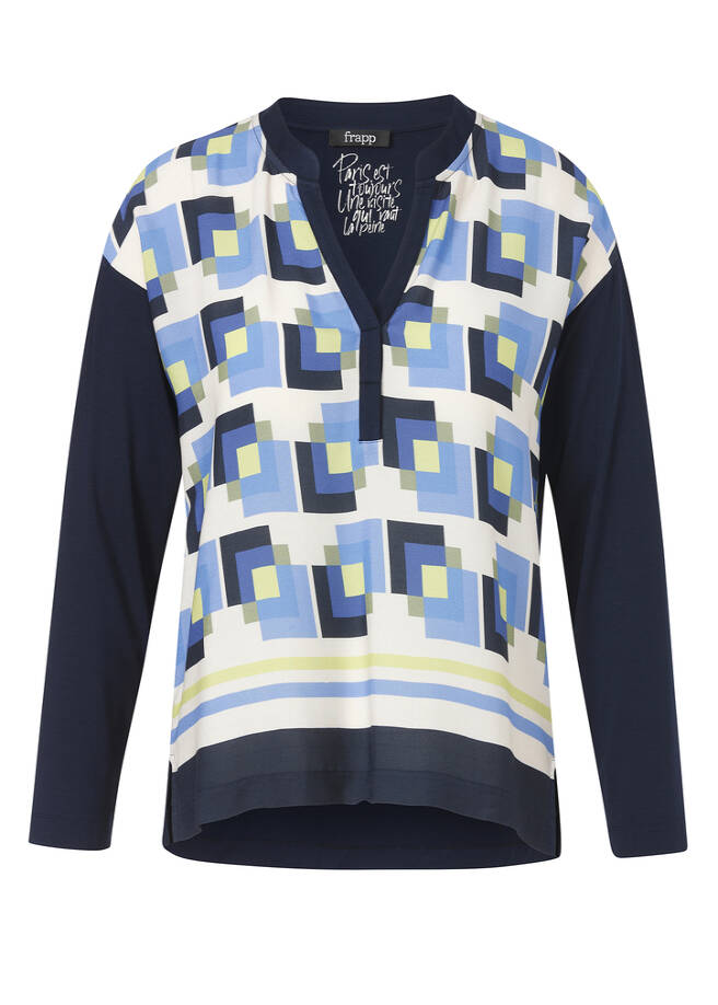 Fließendes Langarm- Shirt in Marineblau mit Blusen-Einsatz vorne navy multicolor Frontansicht