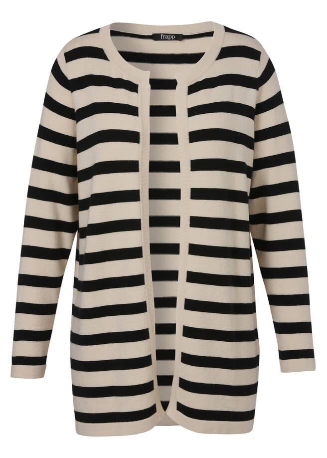Offene Feinstrickjacke geringelt sand/black Frontansicht