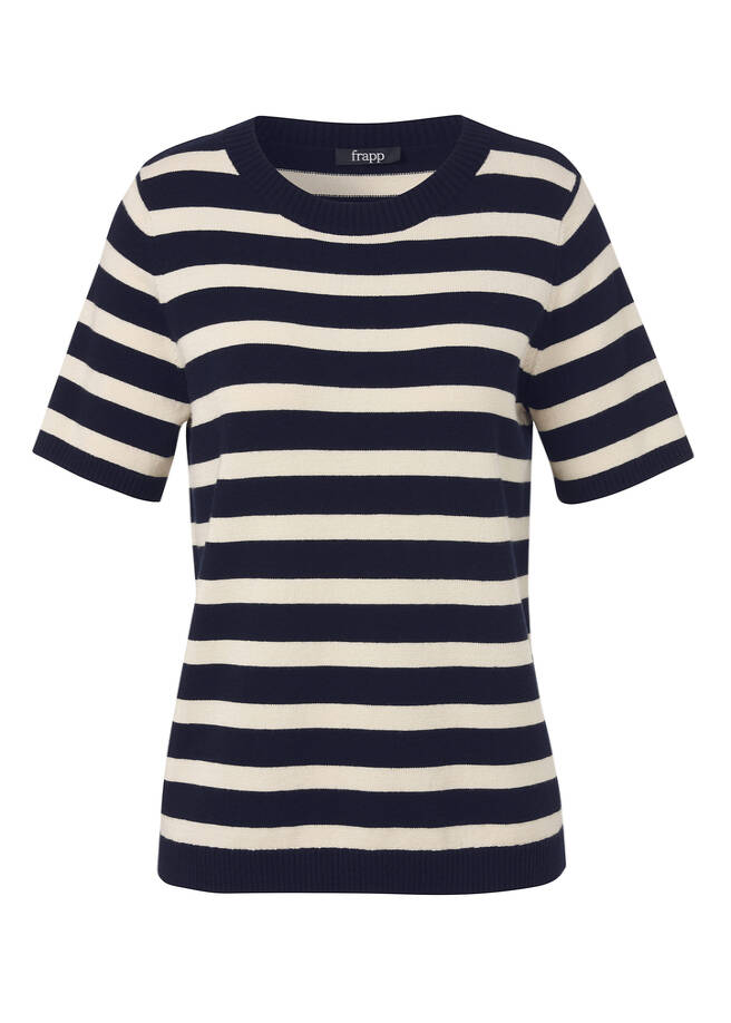 Halbarm Feinstrick-Pullover geringelt navy/sand Frontansicht