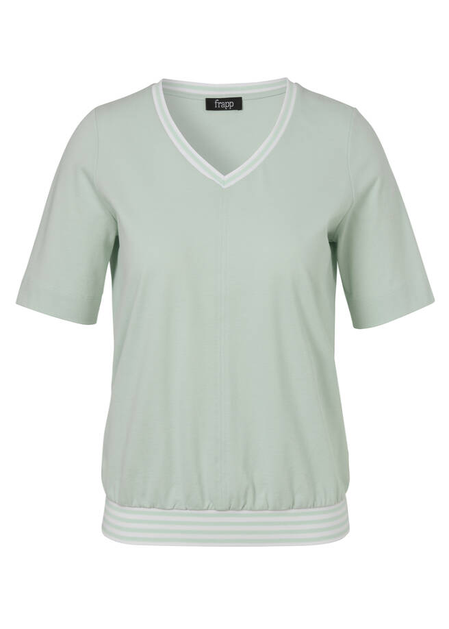 Edles Halbarm-V-Shirt Baumwoll-Piqué mint / white Frontansicht